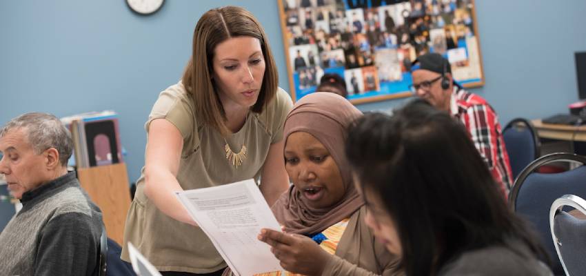 Hannah Murphy, a graduate student in Second Language Education - TESOL, teaches and observes an adult ESL class at OCM BOCES in Liverpool.